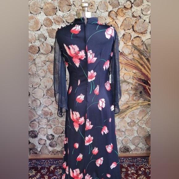 Party Dress, Vintage 1960s, Black Floral maxi, sheer sleeves, polyester US10 - Picture 2 of 2